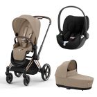 Poussette trio Priam 4 Cozy Beige châssis Rose Gold + Siège auto Cloud T i-Size + Nacelle Luxe