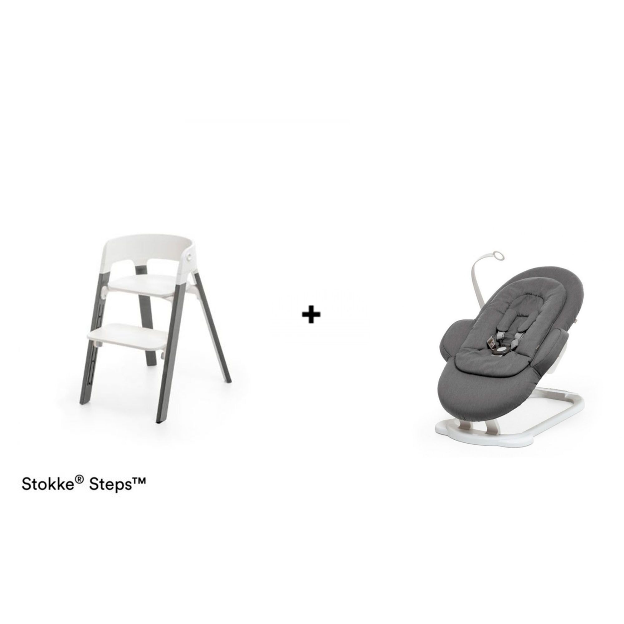 Pack chaise haute Steps assise blanche pieds hêtre gris + transat Steps  Deep Grey - Made in Bébé