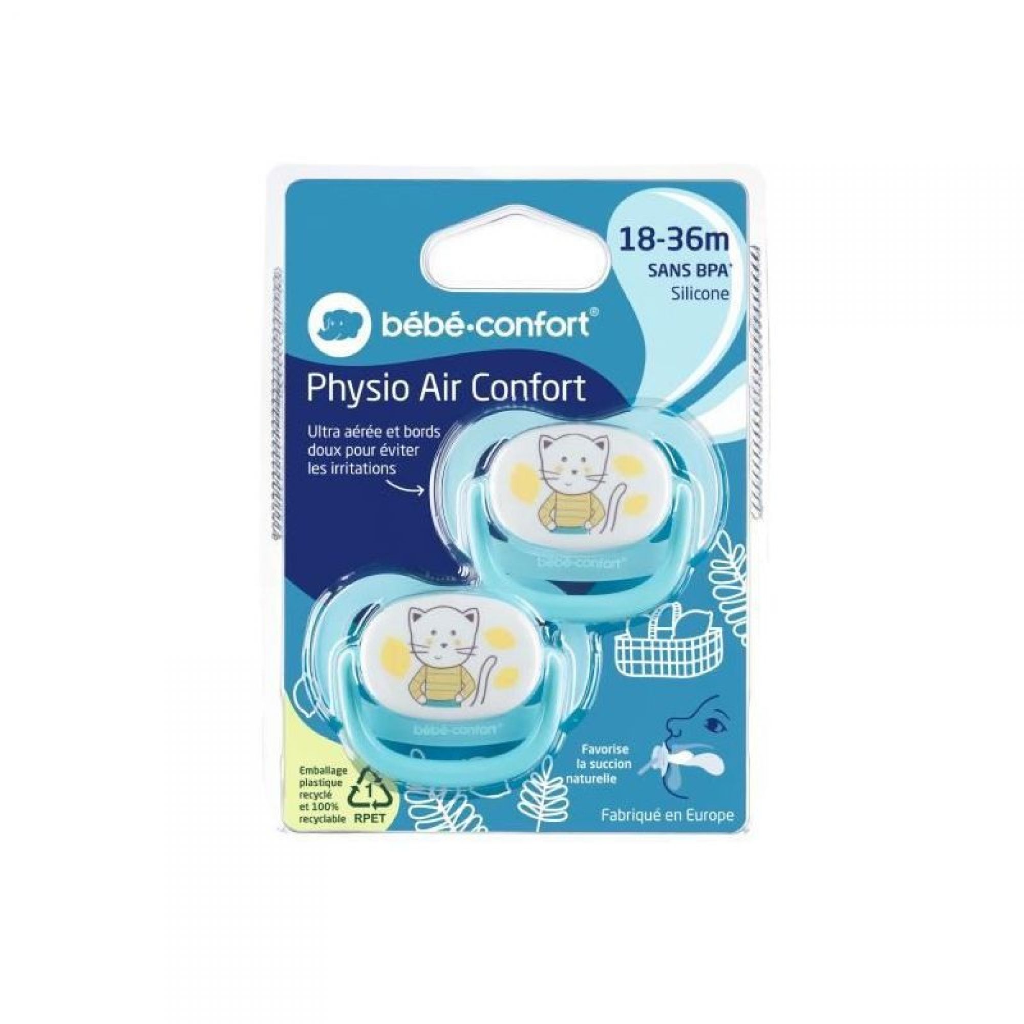 Bebe Confort Lot De 2 Sucettes Physiologiques Air Confort 18 36 Mois The Gardener Bleu Et Jaune Made In Bebe