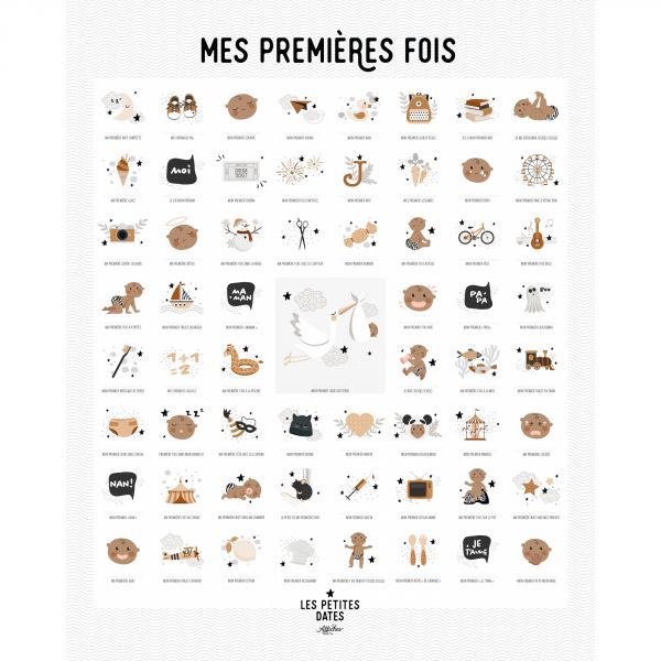 Coffret affiche à tamponner Mes premières fois Bébé Peau foncée + porte affiche en bois