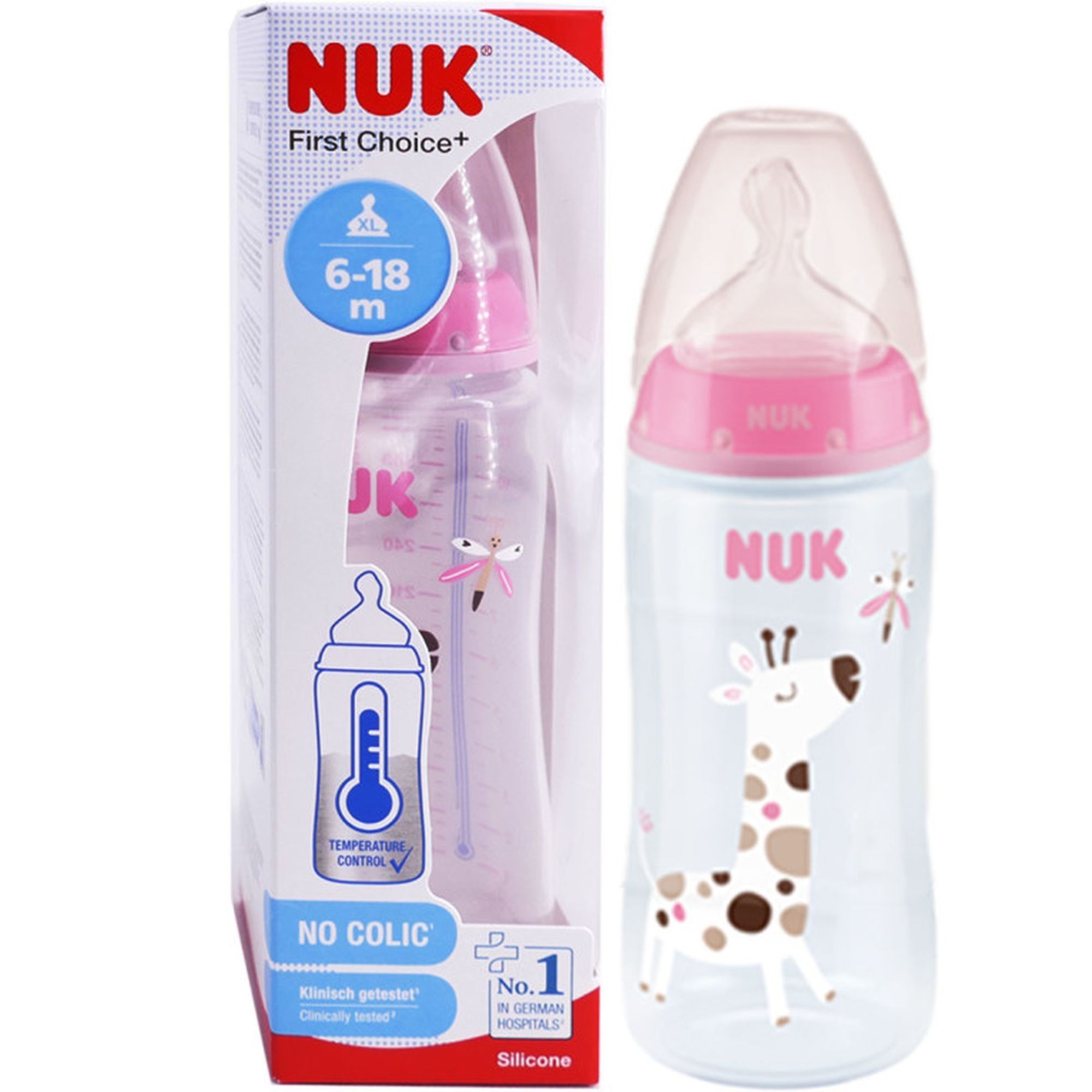 NUK biberon First Choice+ Flow Control, 6-18 mois, Contrôle de  température, Tétine en silicone, Valve anti-coliques, Sans BPA, 360 ml, Bleu