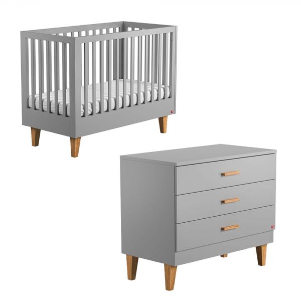 Chambre duo lit 60x120 + commode gris clair et bois - Collection Lounge