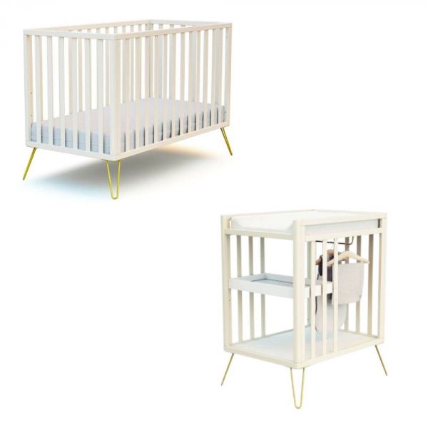 Chambre duo lit bébé only de Jurababy blanc perle et jaune 60x120 + table a langer