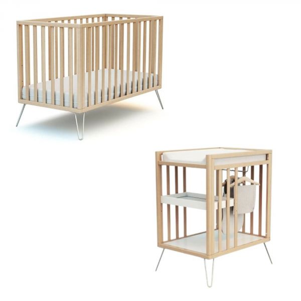 Chambre duo lit bébé only de Jurababy 60x120 hêtre et acier + table a langer