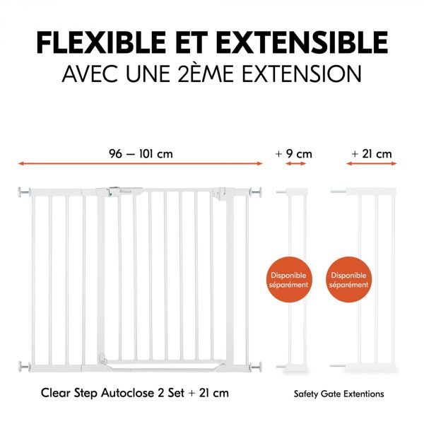 Barrière d'escalier Clear Step Autoclose 2 avec extension +21 cm White