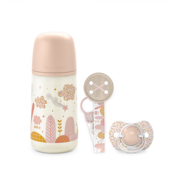 Coffret biberon sucette et attache sucette Dreams Rose