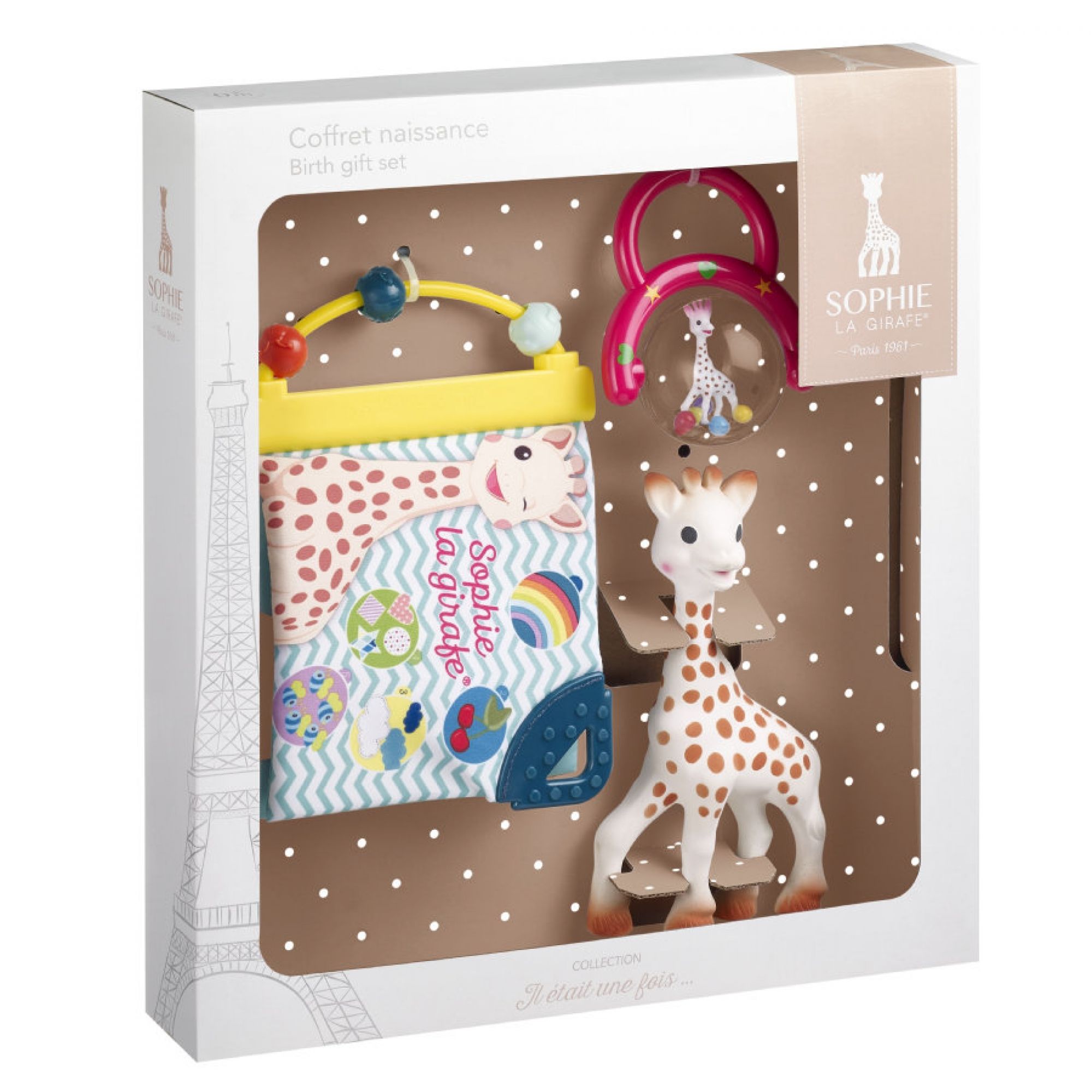 Coffret cadeau Sophie la Girafe en corbeille, 4 accessoires pour bébé