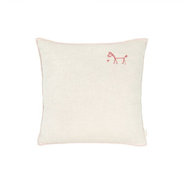 Coussin carré Lin français Greige broderie oiseau