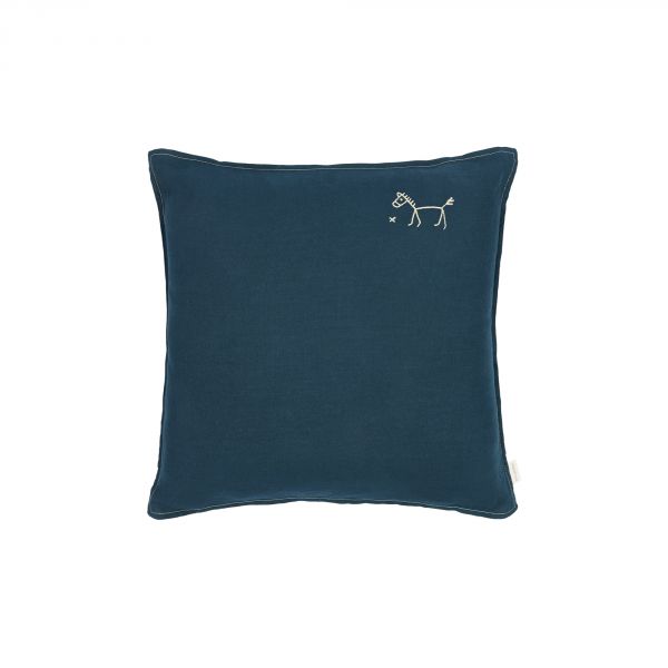 Coussin carré Lin français Deep Blue broderie oiseau