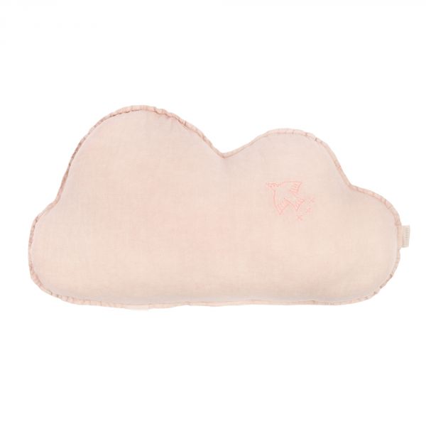 Coussin nuage Lin français Mauve Pink broderie oiseau