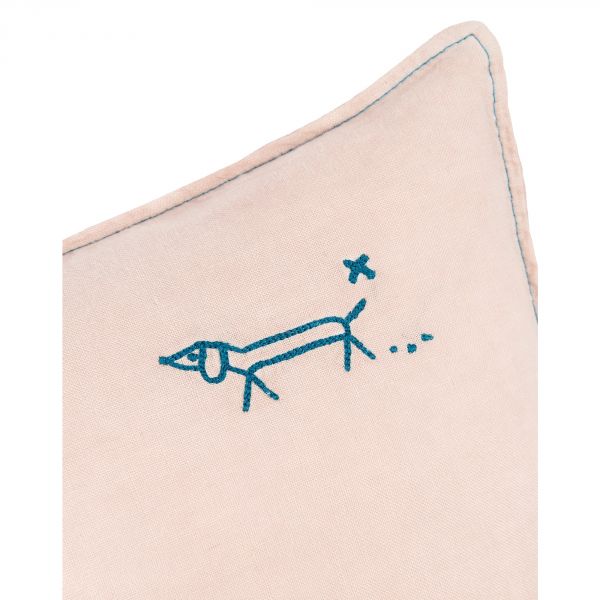 Coussin rectangulaire Lin français Mauve Pink broderie oiseau