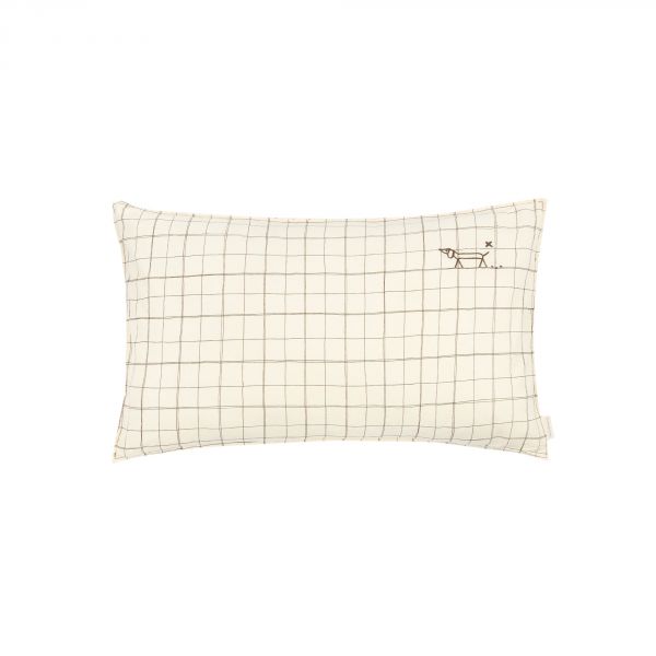 Coussin rectangulaire Lin français Natural Grid broderie oiseau