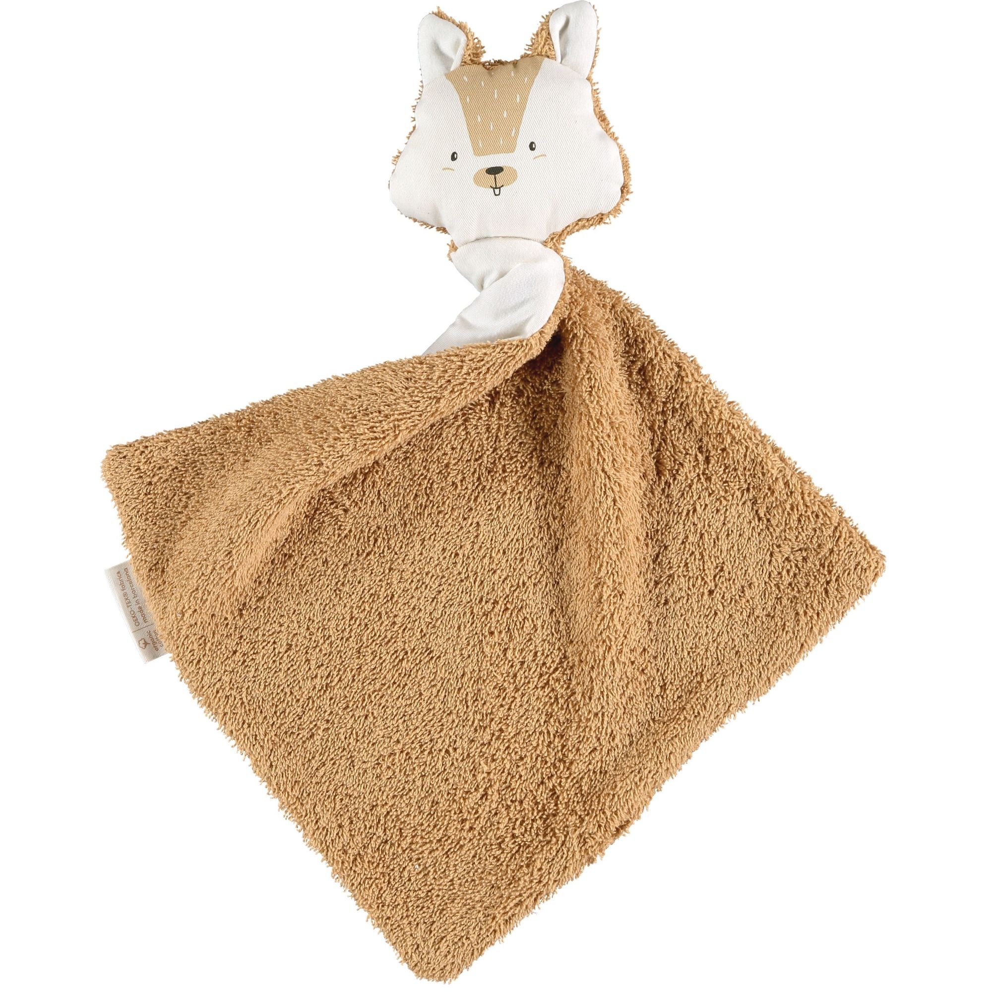 Doudou lange bébé écureuil en coton bio marron avec broderies