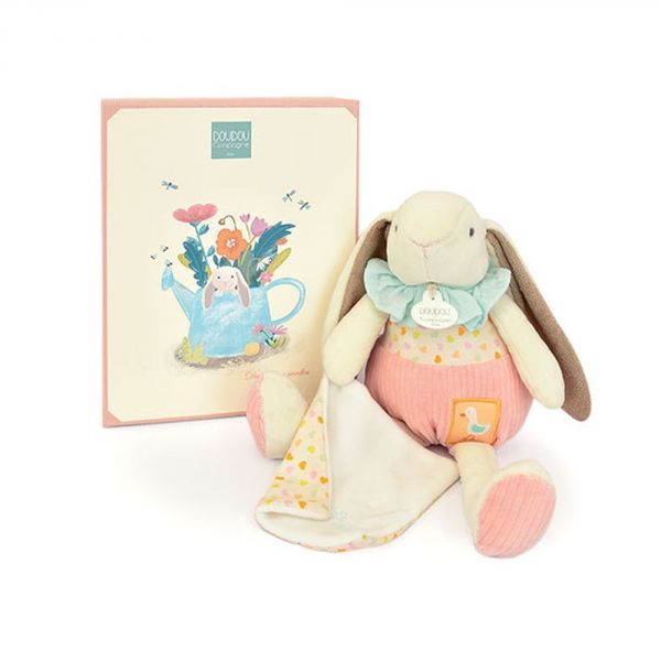 Peluche lapin rose avec son doudou