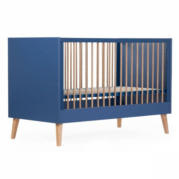 Chambre bébé duo lit 70x140cm évolutif + Commode à  langer Bold blue bleu pied naturel