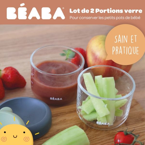 Coffret de 2 portions verre 150ml conservation repas bébé Mineral/Vert Sauge