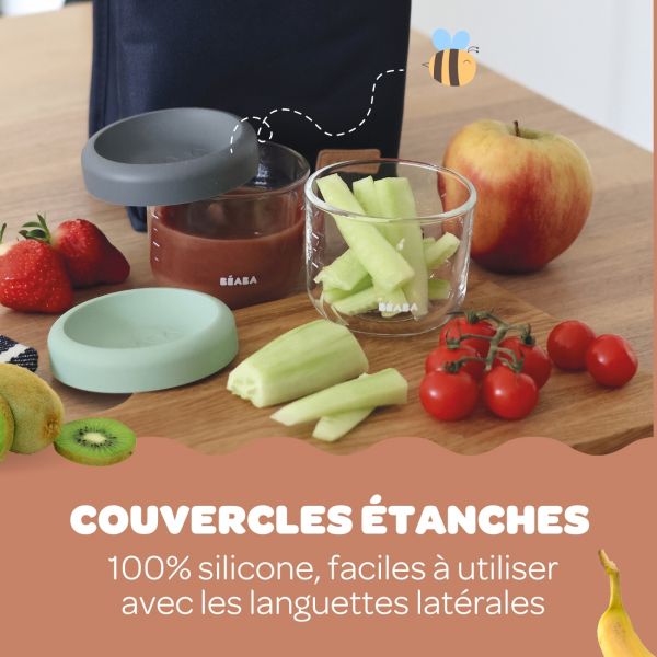 Coffret de 2 portions verre 150ml conservation repas bébé Mineral/Vert Sauge