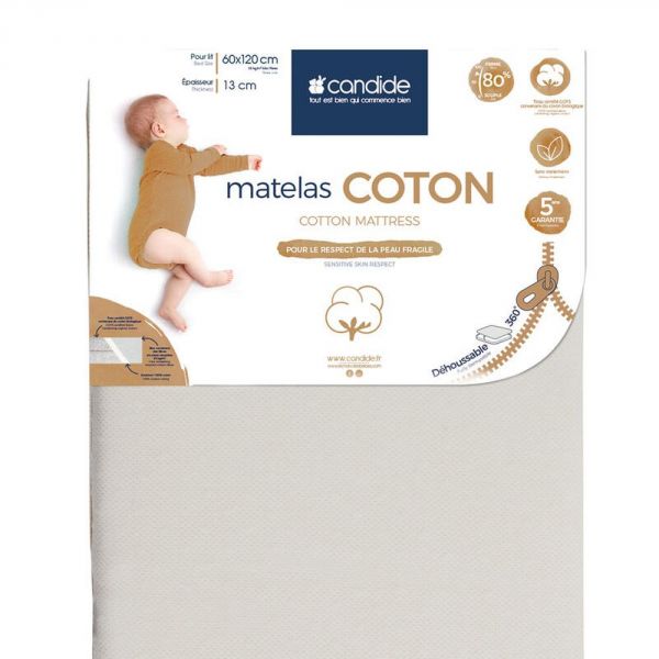 Matelas bébé coton déhoussable 60 x 120 cm