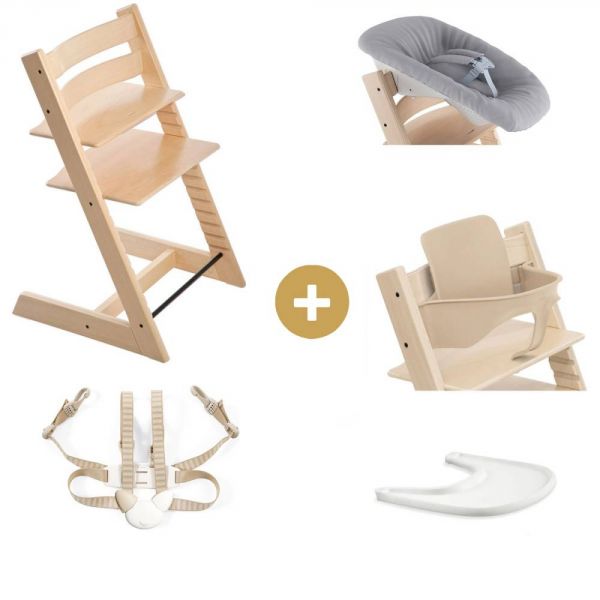 Pack complet Chaise haute Tripp Trapp Naturel + Newborn set + Tablette (harnais et baby set offert)