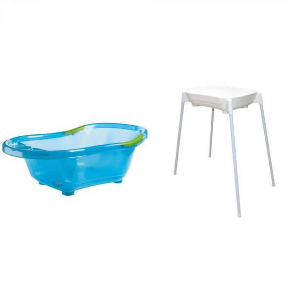 Baignoire bébé bleue pailletée translucide avec vidange + support de baignoire