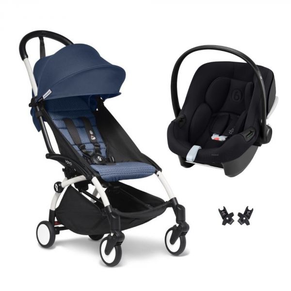 Poussette duo YOYO 3 pack 6+ et siège auto Aton B2 Black - Chassis blanc - Bleu Air France