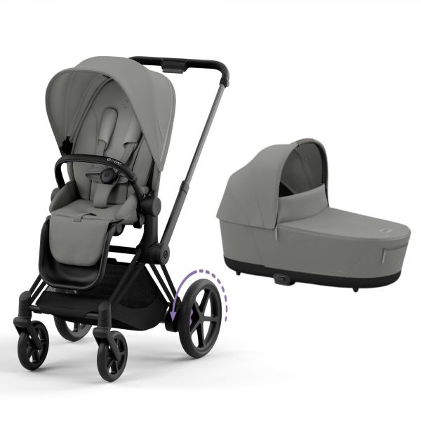 Poussette e-Priam 2 Mirage Grey châssis Matt Black + Nacelle Luxe