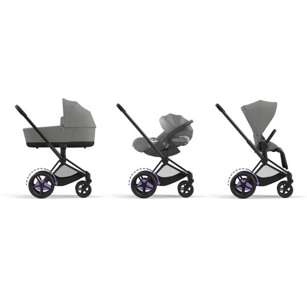 Poussette e-Priam 2 Mirage Grey châssis Matt Black + Nacelle Luxe