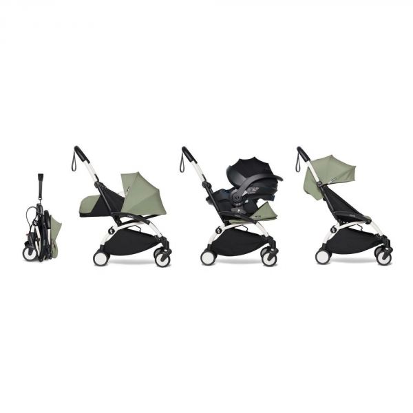 Poussette trio YOYO 3 - Châssis blanc Pack 0+ & 6+ Olive + siège auto car seat by BeSafe