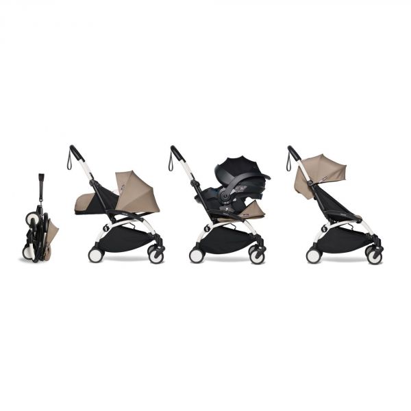 Poussette trio YOYO 3 - Châssis blanc Pack 0+ & 6+ Taupe + siège auto car seat by BeSafe