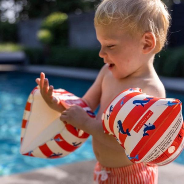 Brassards piscine enfant 0-2 ans - Rayé Blanc/Rouge Baleine