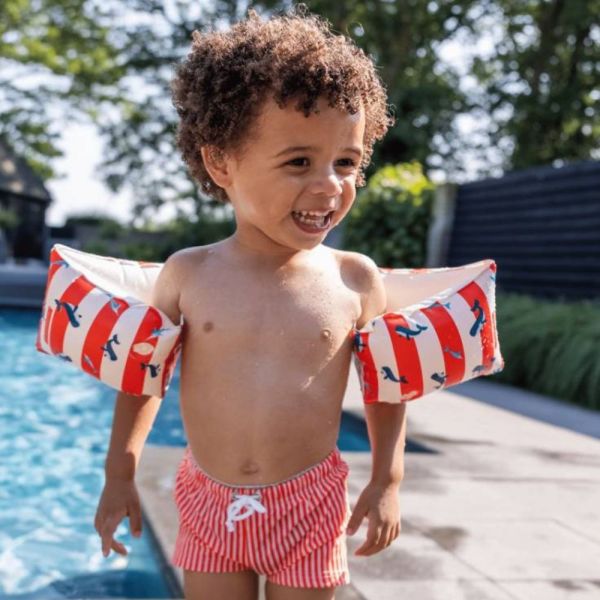 Brassards piscine enfant 0-2 ans - Rayé Blanc/Rouge Baleine