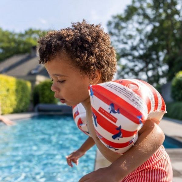 Brassards piscine enfant 0-2 ans - Rayé Blanc/Rouge Baleine