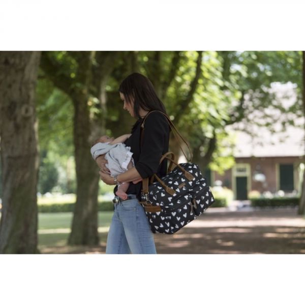 Sac à langer avec matelas à langer Black & White Coeurs