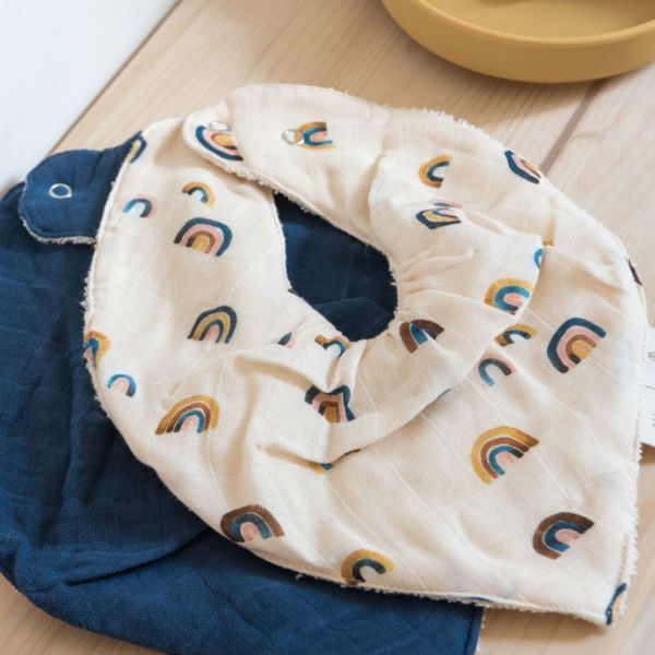 Lot de 2 bavoirs bandana Mael Rainbow/Bleu nuit