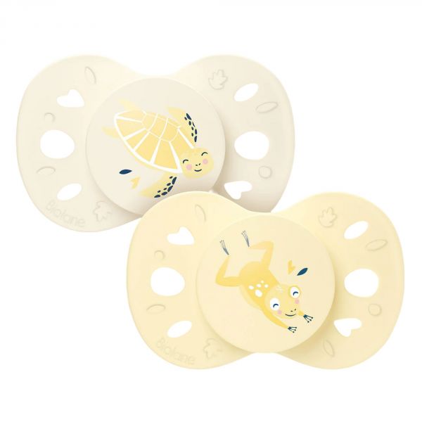 Lot de 2 sucettes anatomiques 0-6 mois Animaux Jaune et beige