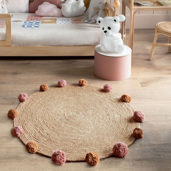 Tapis enfant rond Ø78 cm Jute avec pompons