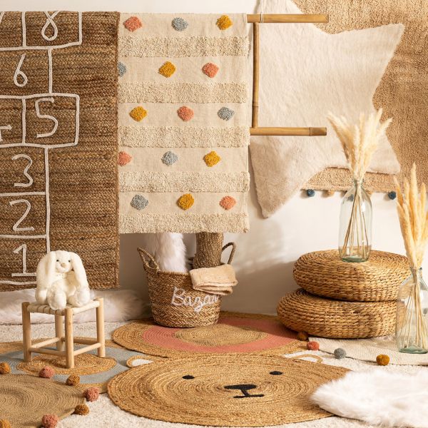 Tapis enfant 100x150 cm Beige avec pompons