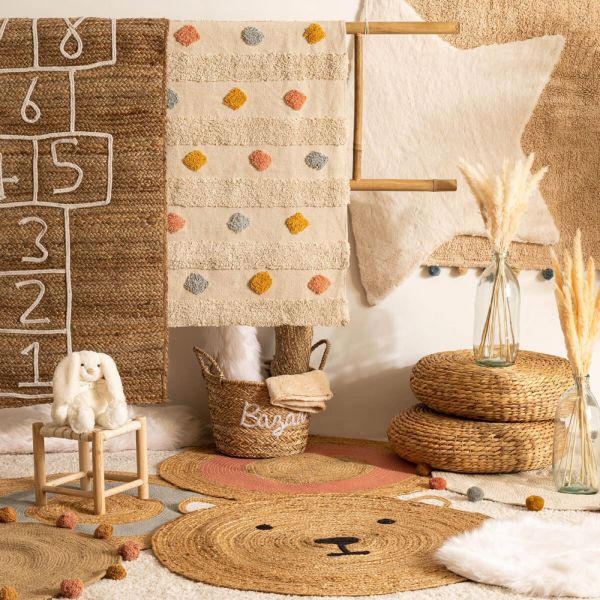 Tapis enfant rond Ø90 cm Arlequin avec pompons