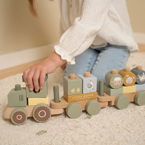 Train à blocs en bois FSC, tracteur - Little Farm